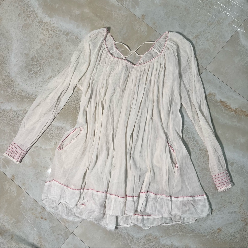 Free People Gauze Dress with Pink Stitching and Pockets